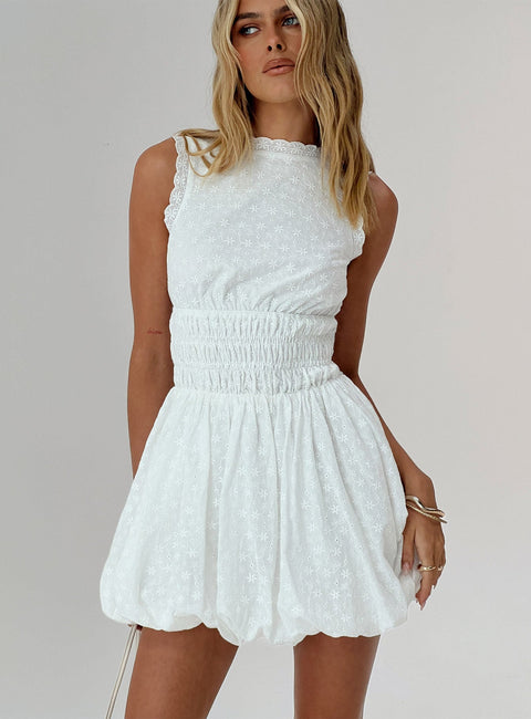 front view of model wearing Princess Polly Vittoria Bubble Hem Mini Dress White High Neck 