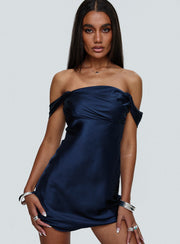 front view of model wearing Princess Polly Zabbarra Off The Shoulder Mini Dress Navy Square Neck 