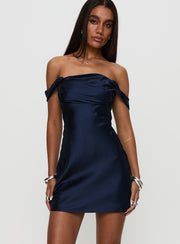 side view of model wearing Princess Polly Zabbarra Off The Shoulder Mini Dress Navy Square Neck 