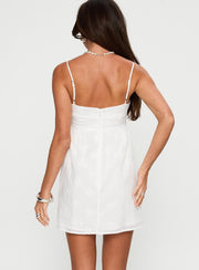 back view of model wearing Princess Polly Ortega Mini Dress White Broiderie Square Neck 