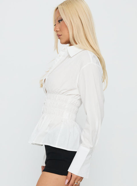 As You Are Shirred Button Up Top White