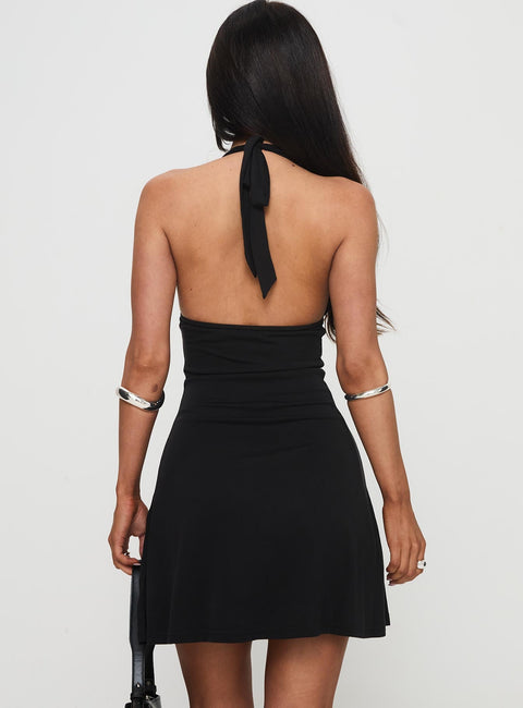 back view of model wearing Princess Polly Tinisie Halter Mini Dress Black Plunger 
