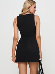 back view of model wearing Princess Polly Anse Mini Dress Black Boat Neck 