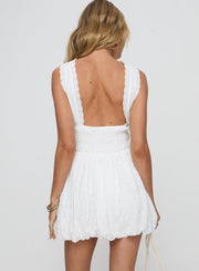 back view of model wearing Princess Polly Vittoria Bubble Hem Mini Dress White High Neck 