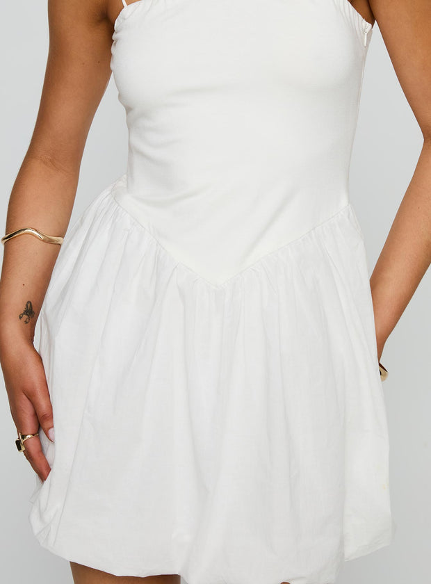 front view of model wearing Princess Polly Vista Amora Bubble Hem Mini Dress White Square Neck 