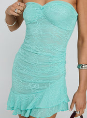 Hailees Lace Strapless Mini Dress Aqua