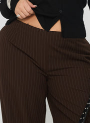 Khane Low Rise Wide Leg Pant Brown Pinstripe Curve