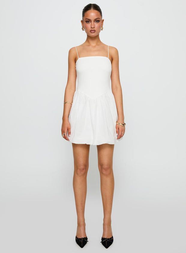 front view of model wearing Princess Polly Vista Amora Bubble Hem Mini Dress White Square Neck 