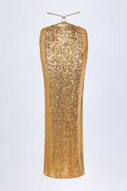 Embellished Hardware-Detail Strappy Maxi Skirt in Gold