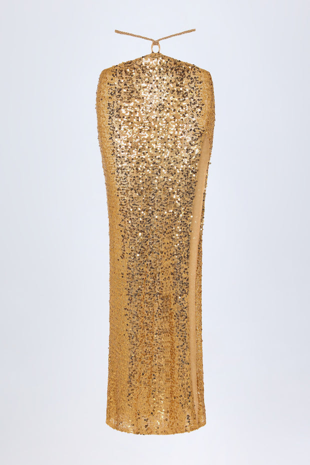 Embellished Hardware-Detail Strappy Maxi Skirt in Gold