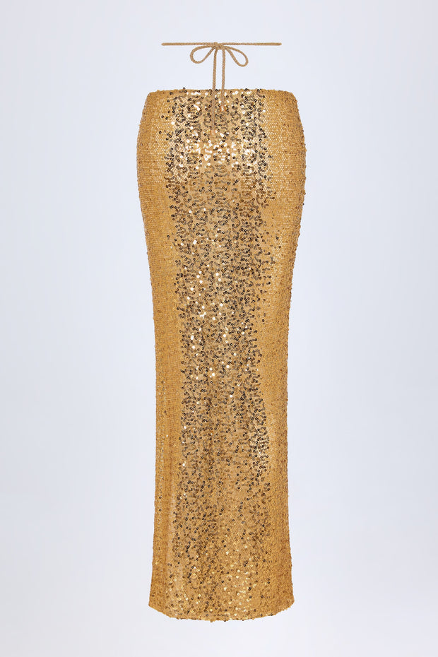 Embellished Hardware-Detail Strappy Maxi Skirt in Gold
