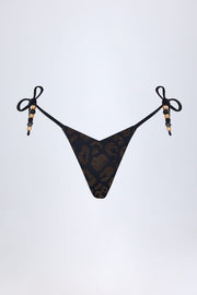 Side-Tie Bead Thong Bikini Bottoms in Black Leopard Hotfix