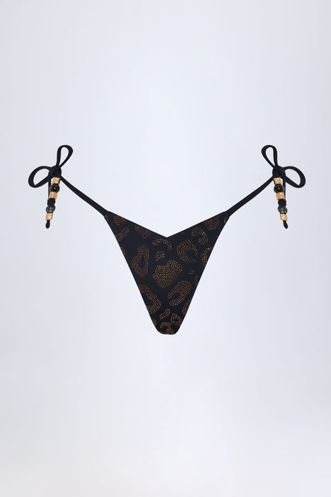 Side-Tie Bead Thong Bikini Bottoms in Black Leopard Hotfix