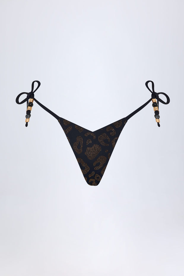 Side-Tie Bead Thong Bikini Bottoms in Black Leopard Hotfix