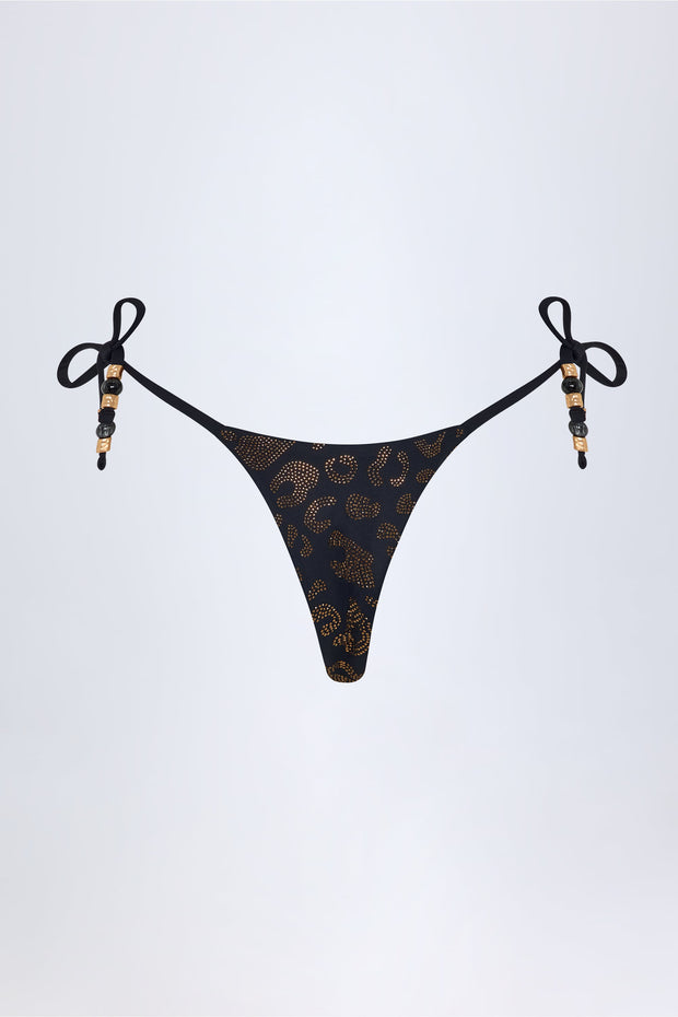 Side-Tie Bead Thong Bikini Bottoms in Black Leopard Hotfix