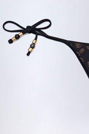 Side-Tie Bead Thong Bikini Bottoms in Black Leopard Hotfix