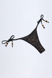 Side-Tie Bead Thong Bikini Bottoms in Black Leopard Hotfix