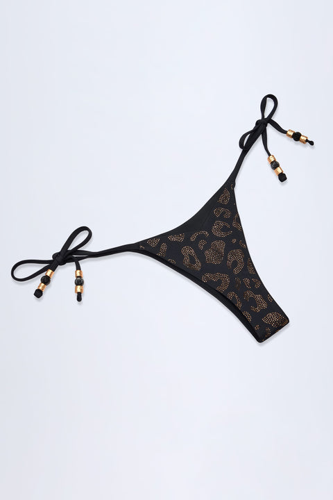 Side-Tie Bead Thong Bikini Bottoms in Black Leopard Hotfix