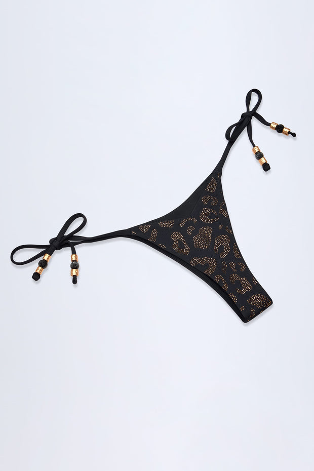 Side-Tie Bead Thong Bikini Bottoms in Black Leopard Hotfix