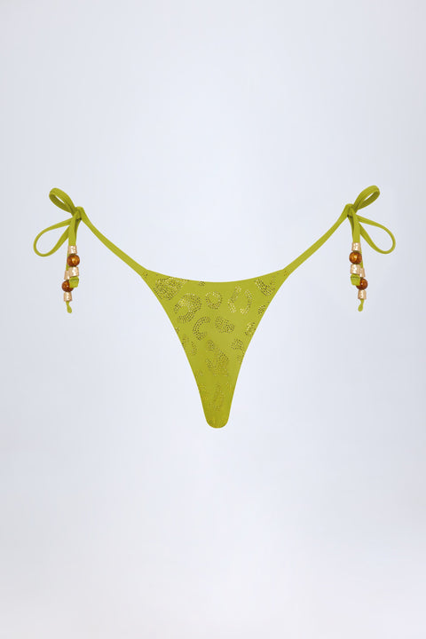 Side-Tie Bead Thong Bikini Bottoms in Olive Leopard Hotfix