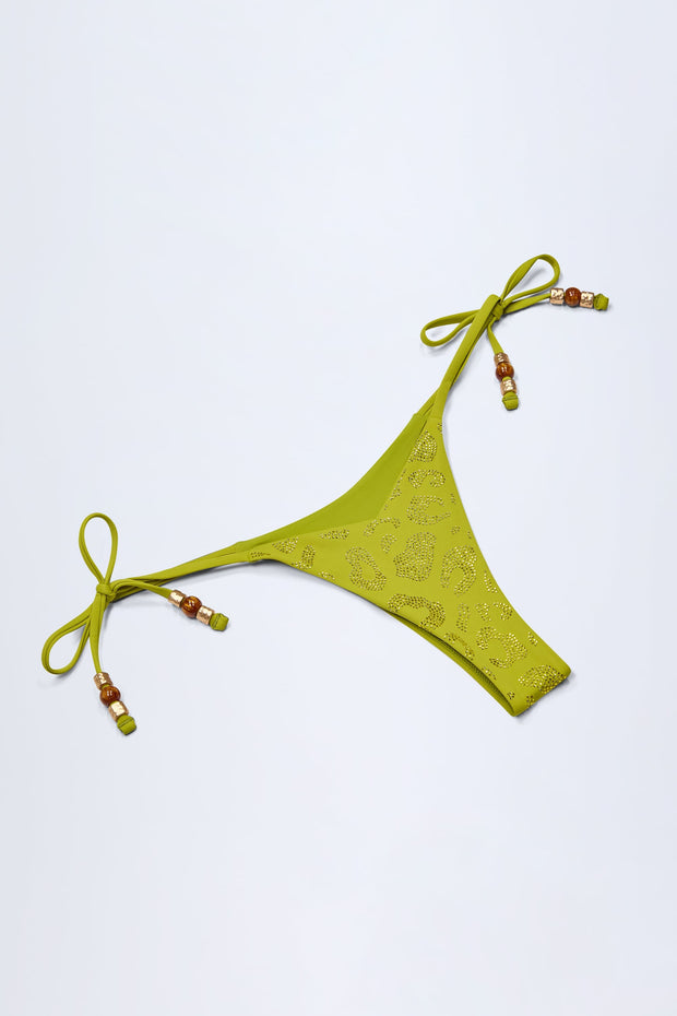 Side-Tie Bead Thong Bikini Bottoms in Olive Leopard Hotfix
