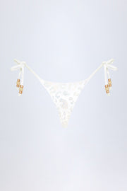 Side-Tie Bead Thong Bikini Bottoms in White Leopard Hotfix