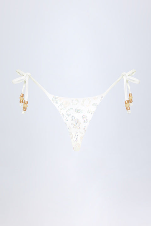 Side-Tie Bead Thong Bikini Bottoms in White Leopard Hotfix