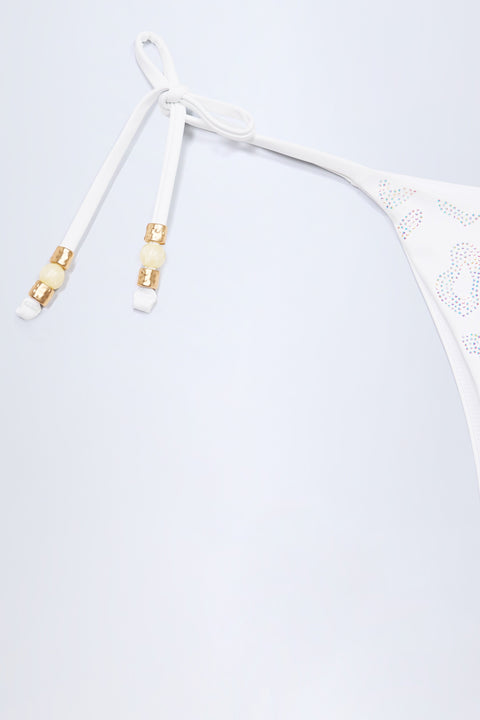 Side-Tie Bead Thong Bikini Bottoms in White Leopard Hotfix