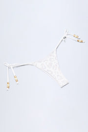 Side-Tie Bead Thong Bikini Bottoms in White Leopard Hotfix