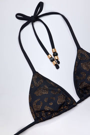 Bead-Detail Triangle Bikini Top in Black Leopard Hotfix