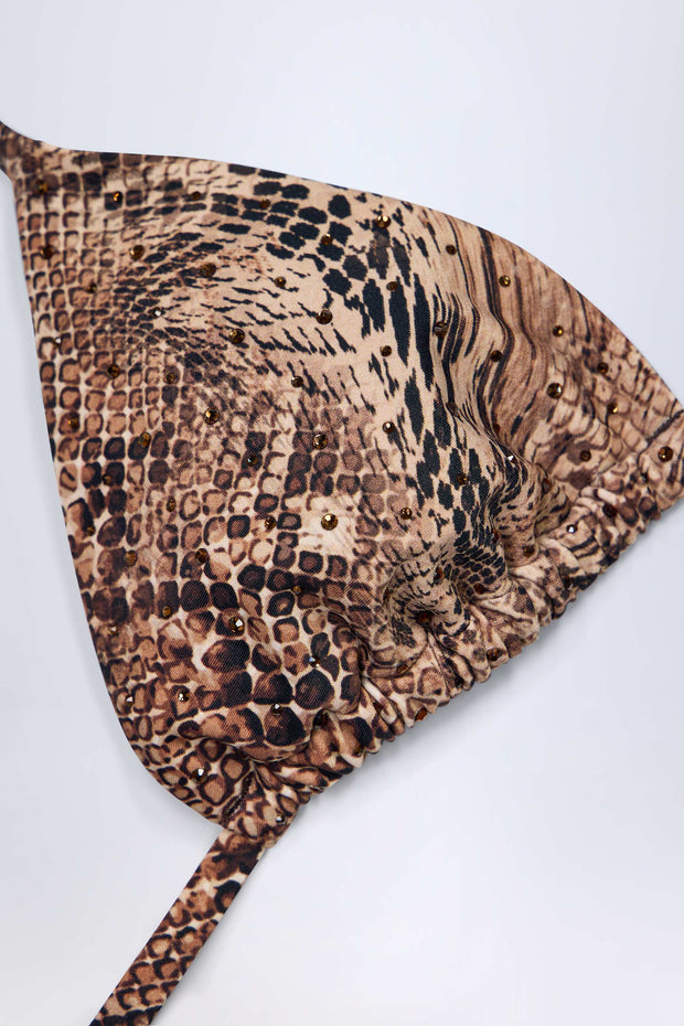Charm-Detail Triangle Bikini Top in Snake Print