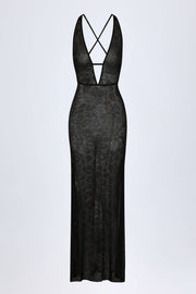 Embellished Backless Maxi Dress in Black Leopard Hotfix