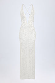 Embellished Backless Maxi Dress in White Leopard Hotfix