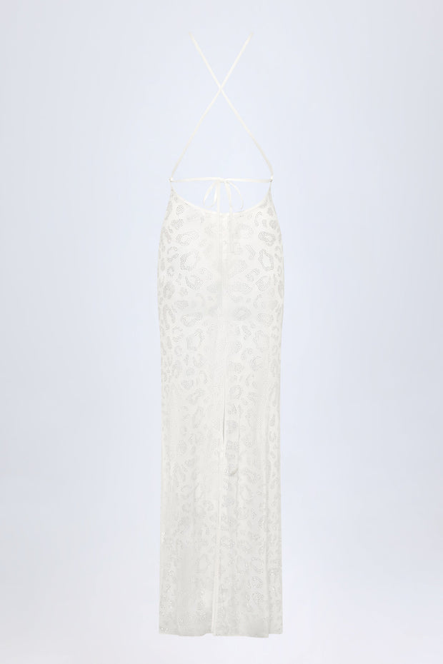 Embellished Backless Maxi Dress in White Leopard Hotfix