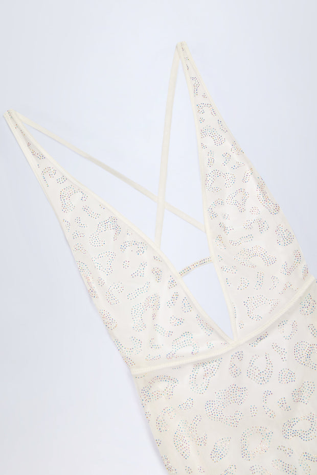 Embellished Backless Maxi Dress in White Leopard Hotfix