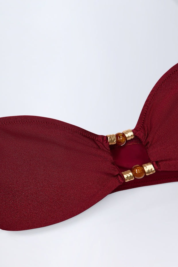 Bead-Embellished Cut-Out Bandeau Swimsuit in Dark Cherry