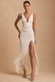 Embellished Plunge Ruffled Corset Maxi Dress in Ivory