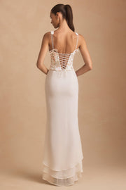 Embellished Plunge Ruffled Corset Maxi Dress in Ivory