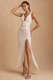 Embellished Plunge Ruffled Corset Maxi Dress in Ivory