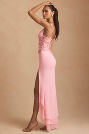 Embellished Plunge Ruffled Corset Maxi Dress in Pink