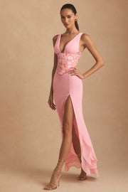 Embellished Plunge Ruffled Corset Maxi Dress in Pink