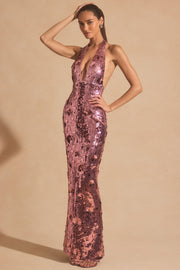 Sequin-Embellished Halterneck Maxi Dress in Pink