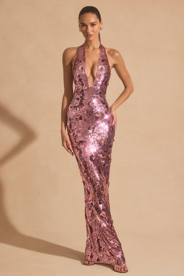 Sequin-Embellished Halterneck Maxi Dress in Pink