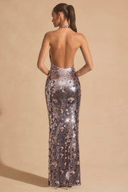 Sequin-Embellished Halterneck Maxi Dress in Silver