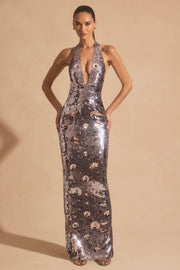 Sequin-Embellished Halterneck Maxi Dress in Silver