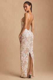 Embellished Scoop-Neck Backless Maxi Dress in Ivory